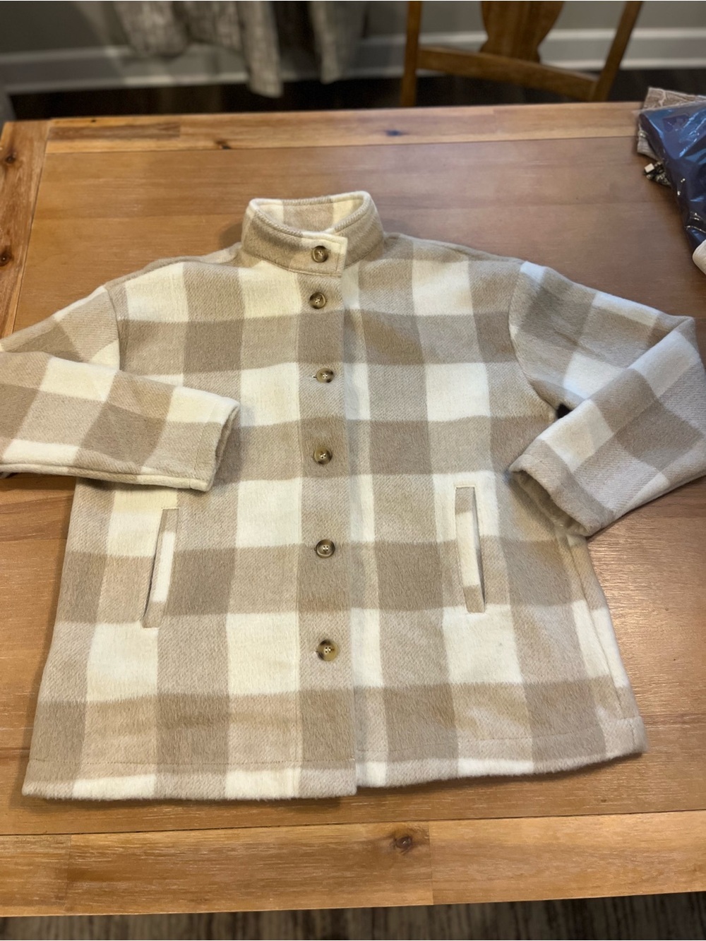 Womens Plaid Fleece Wool Blend Jacket Soft Cozy Cabincore Neutral Coat Medium